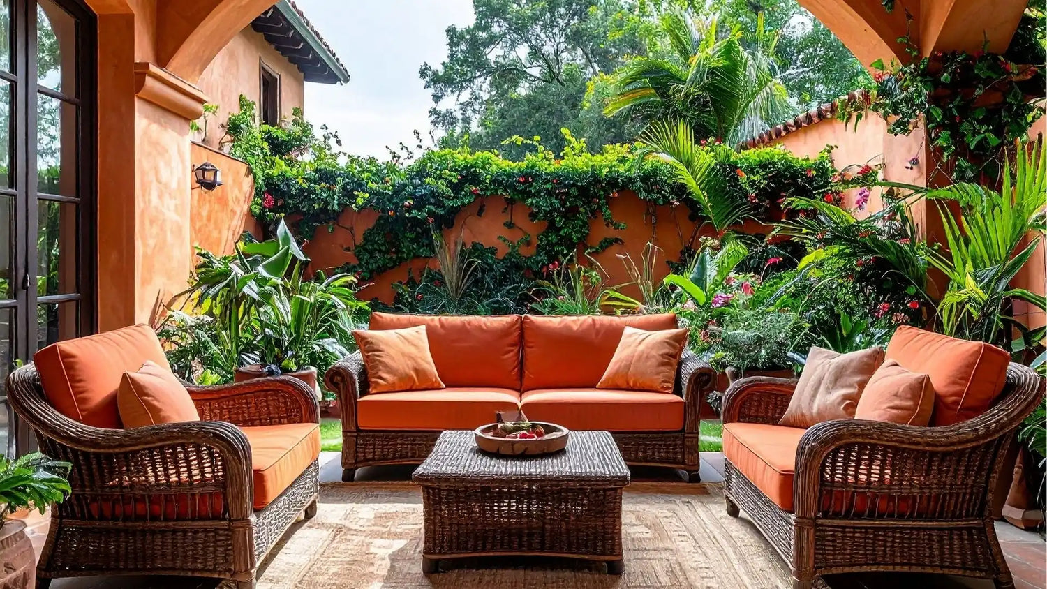 Ensemble de mobilier de patio en osier d'extérieur avec des coussins orange